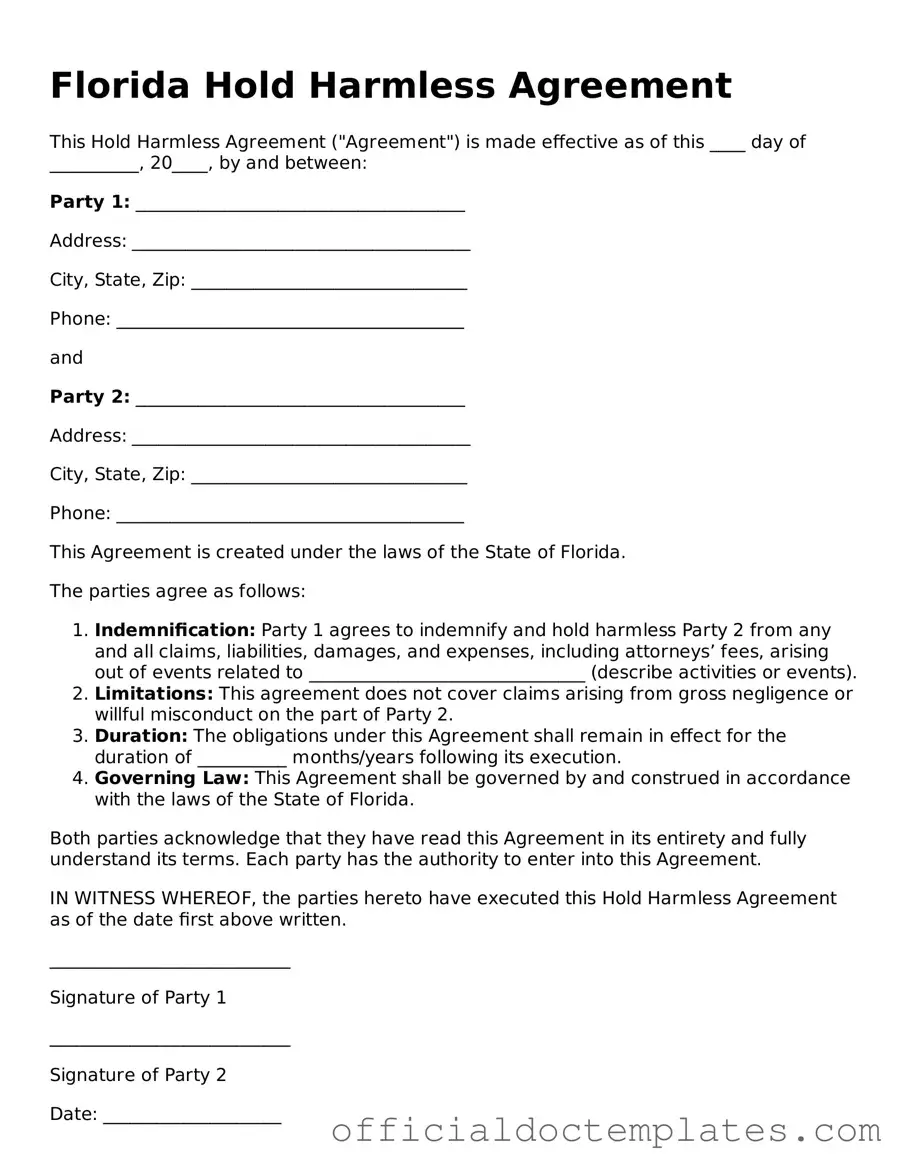 Free Hold Harmless Agreement Form for the State of Florida