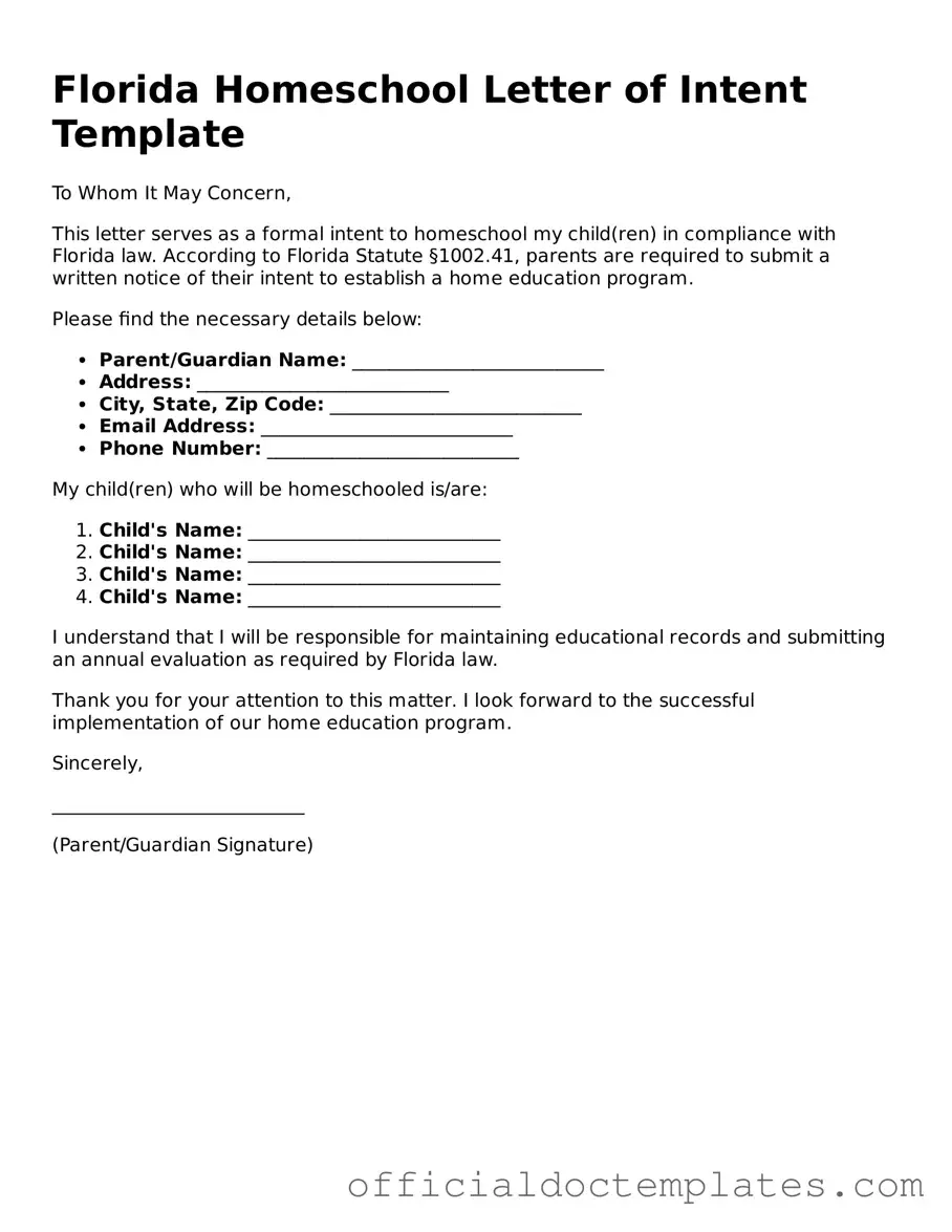 Free Homeschool Letter of Intent Form for the State of Florida