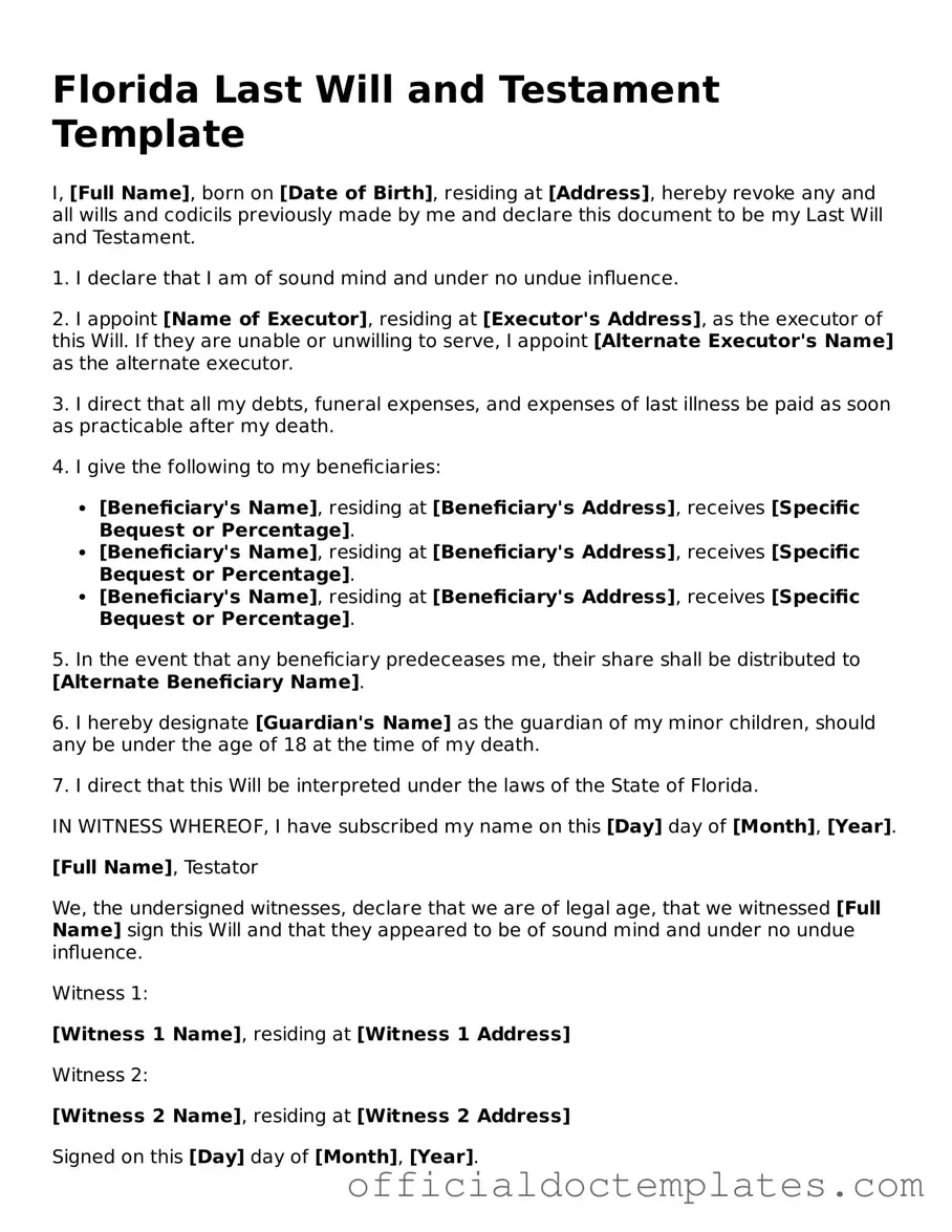 Free Last Will and Testament Form for the State of Florida
