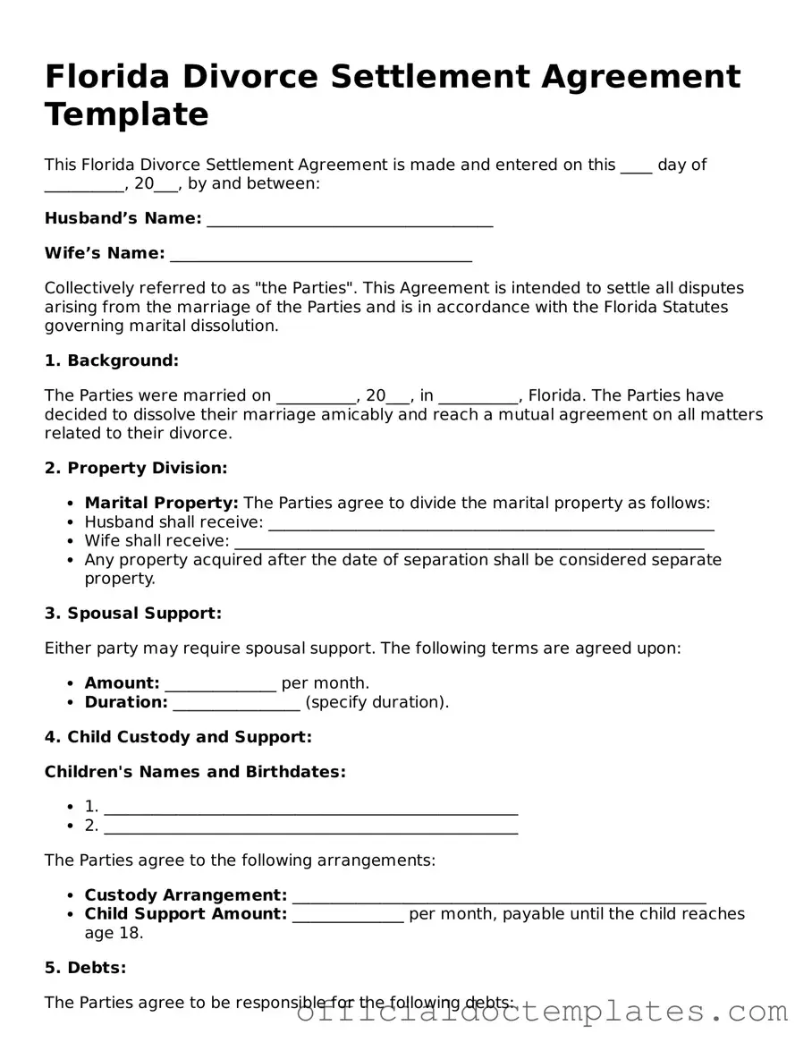 Free Divorce Settlement Agreement Form for the State of Florida