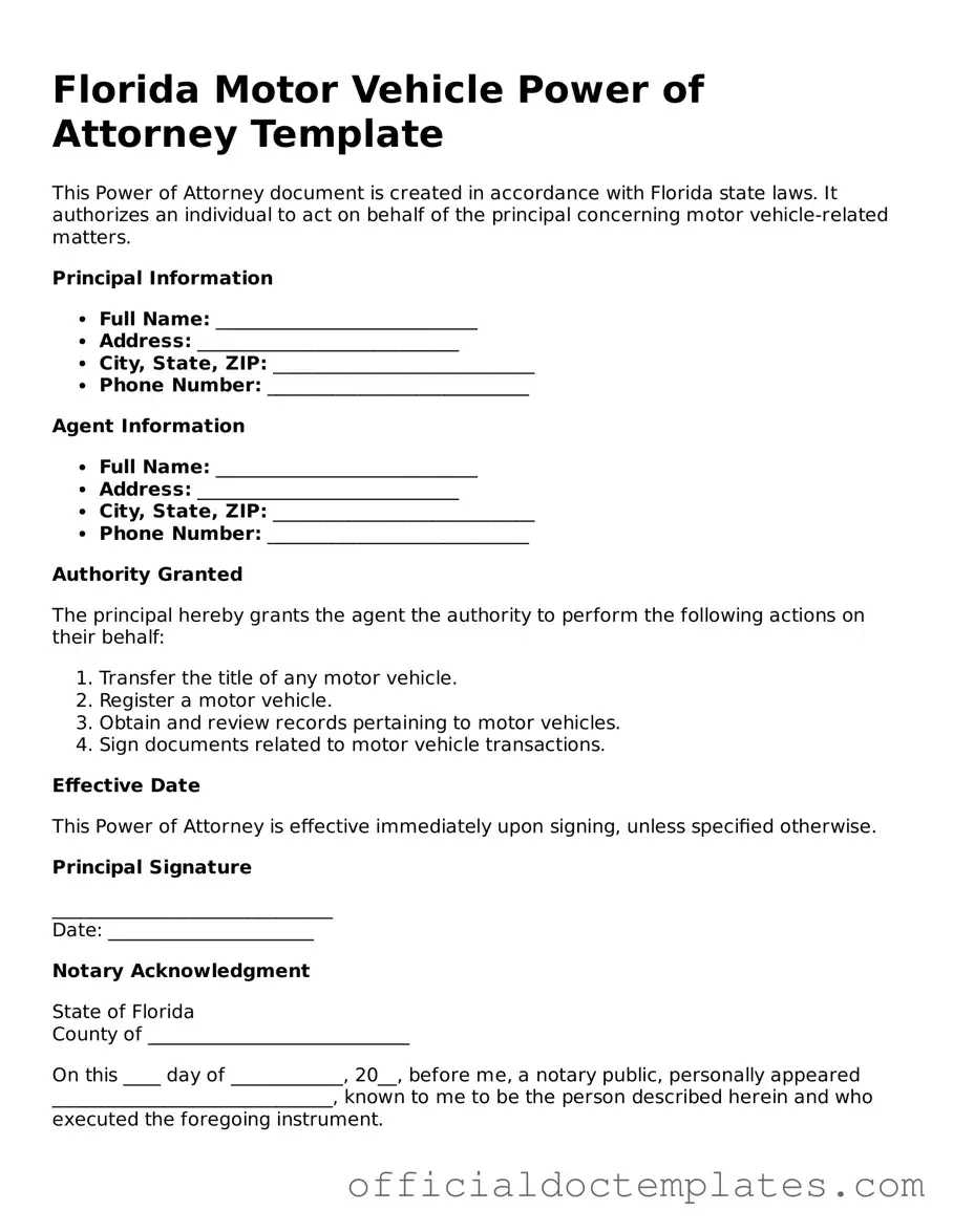 Free Motor Vehicle Power of Attorney Form for the State of Florida