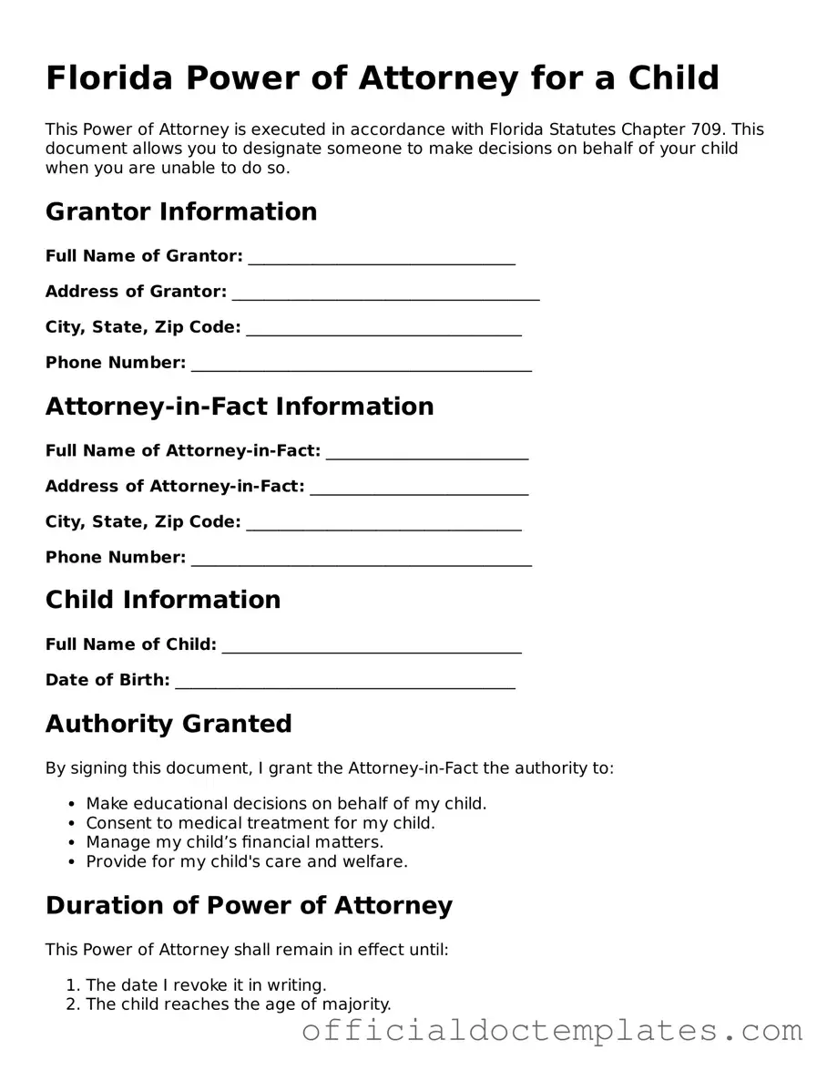 Free Power of Attorney for a Child Form for the State of Florida