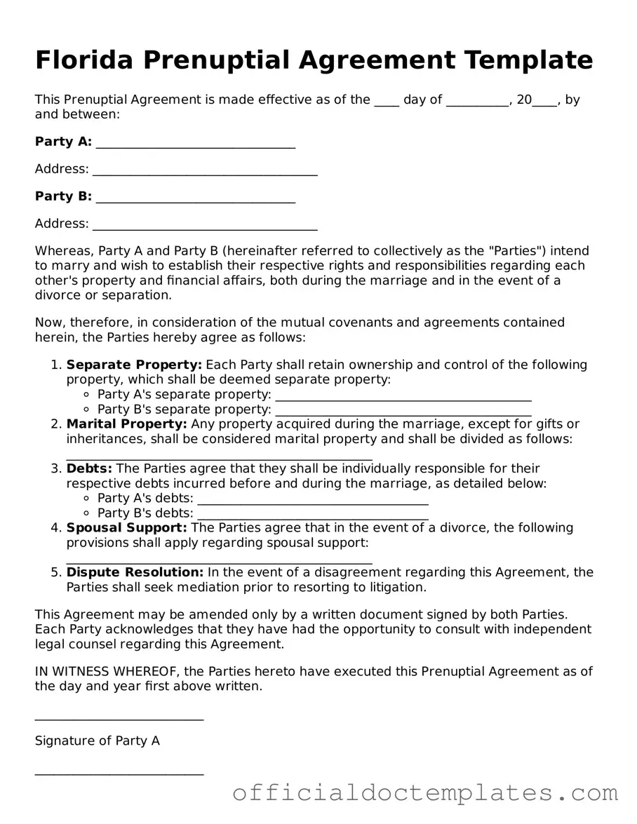 Free Prenuptial Agreement Form for the State of Florida