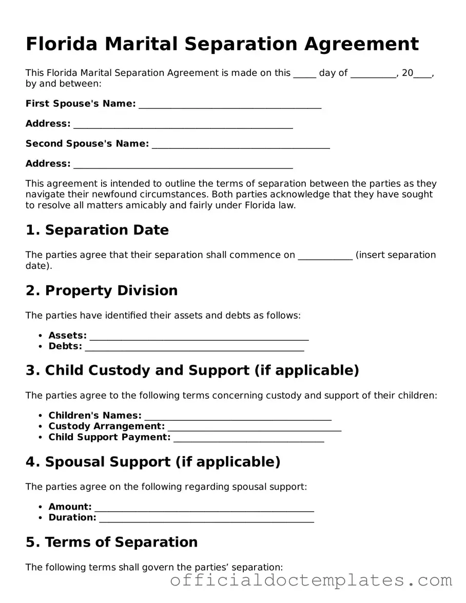 Free Marital Separation Agreement Form for the State of Florida