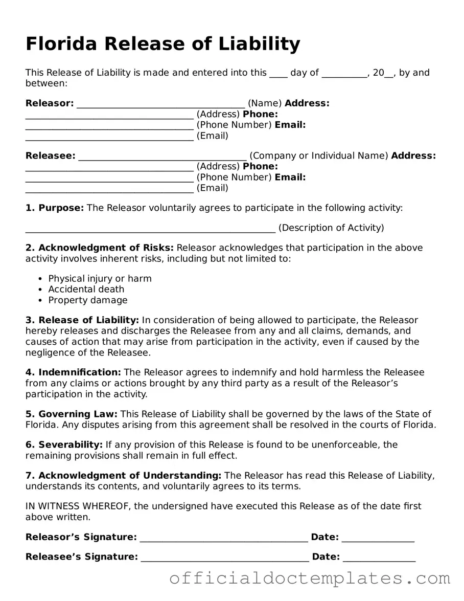 Free Release of Liability Form for the State of Florida
