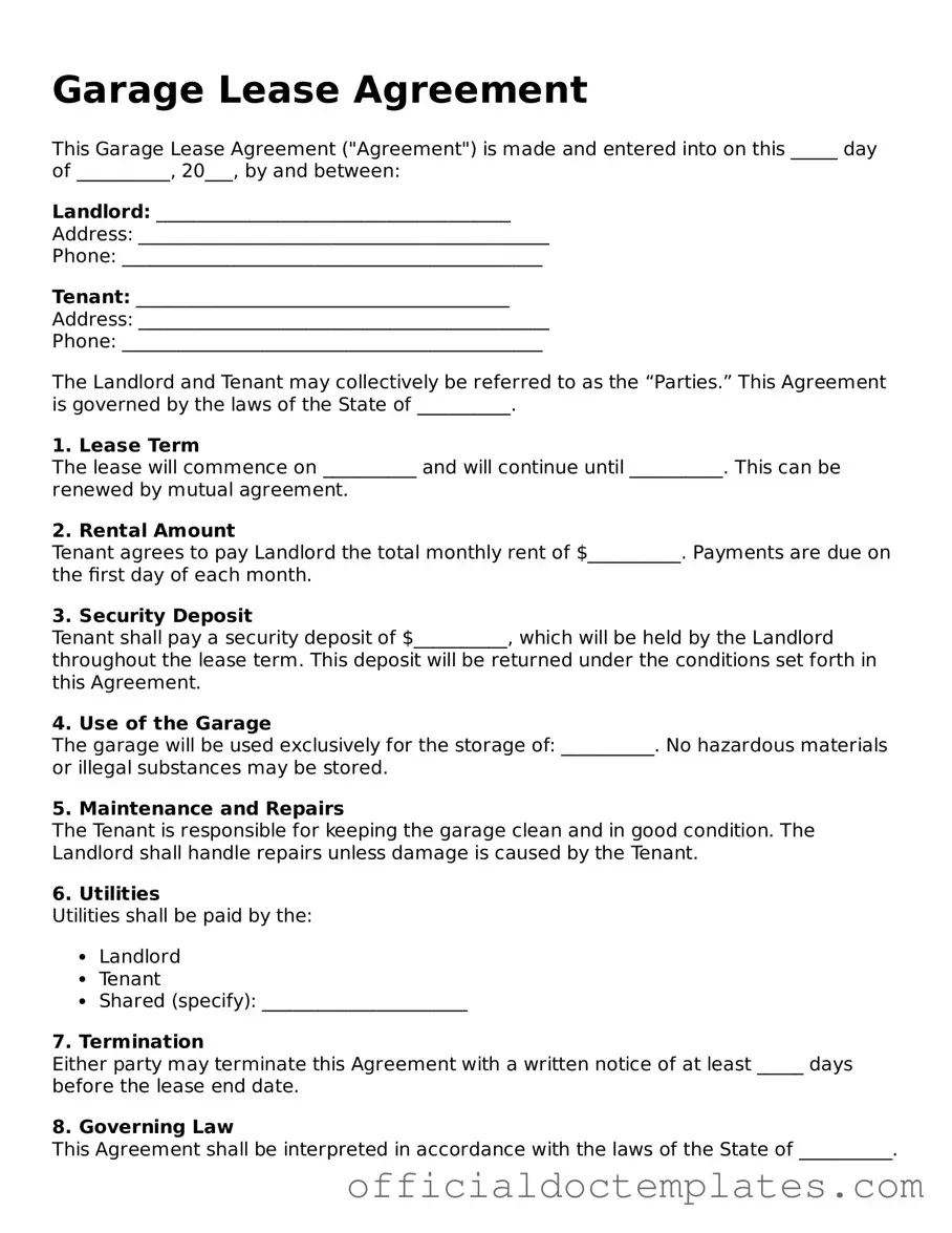 Fillable Garage Lease Agreement Template