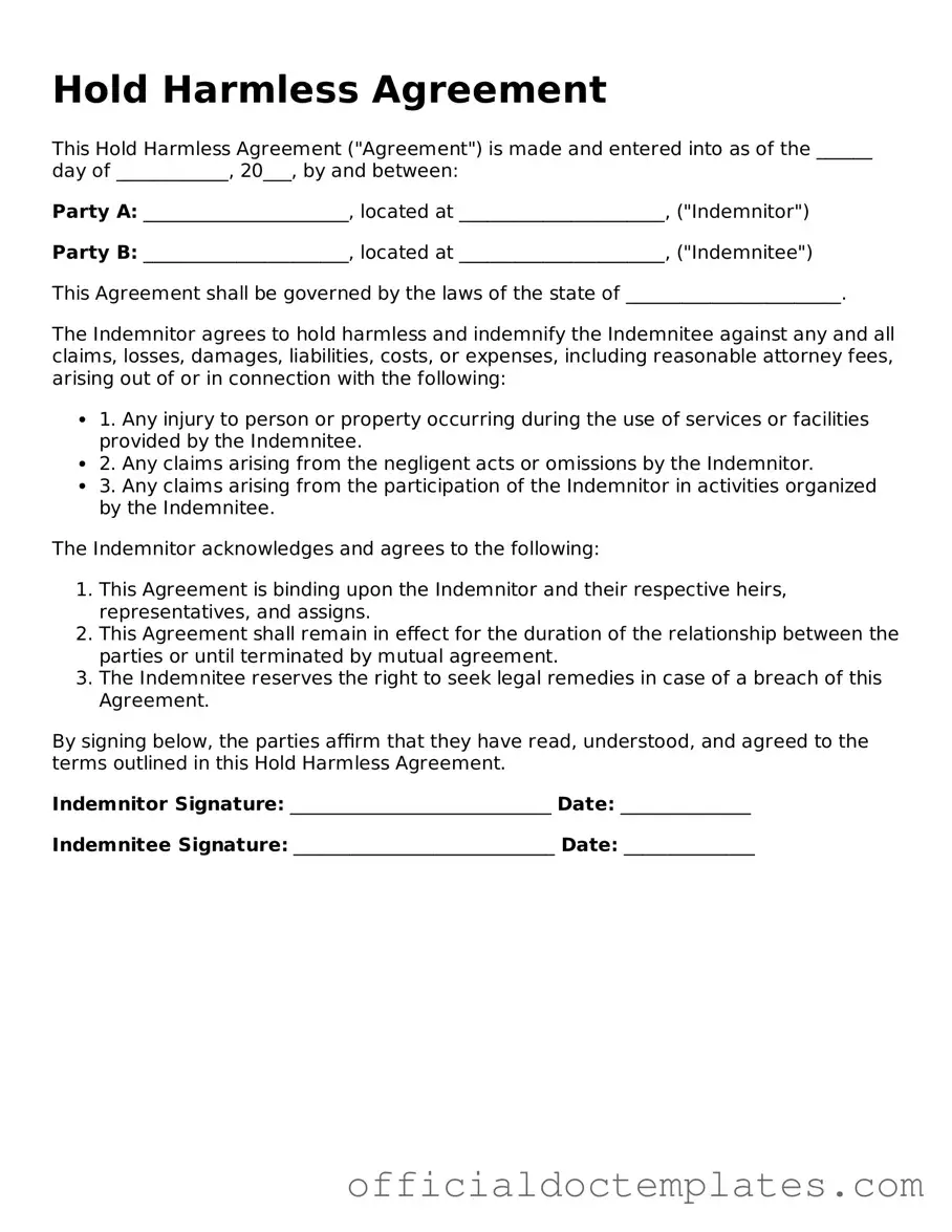Fillable Hold Harmless Agreement Template