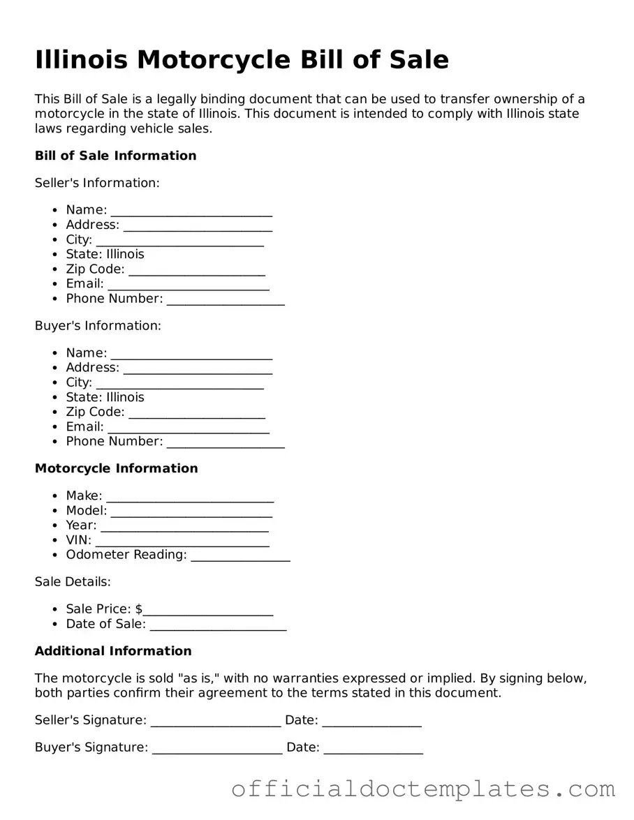 Free Motorcycle Bill of Sale Form for the State of Illinois