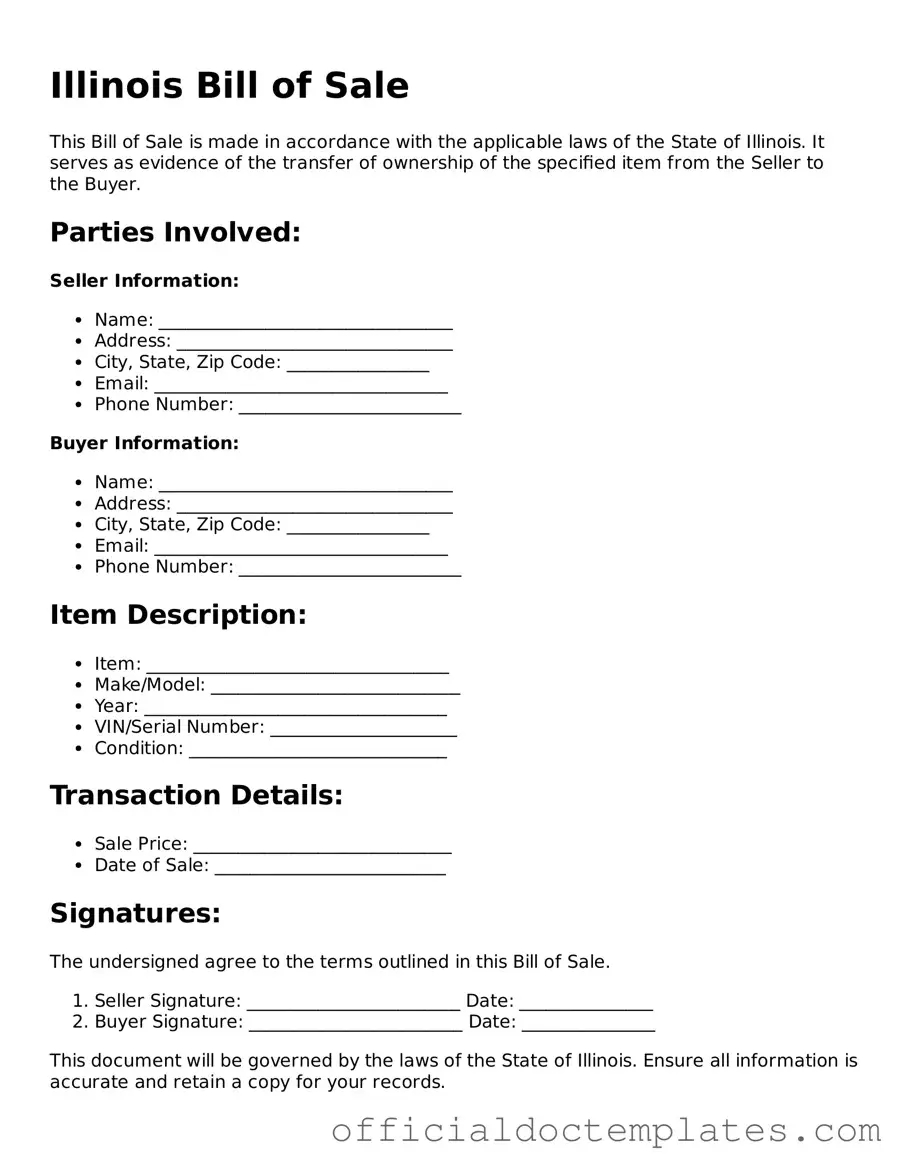 Free Bill of Sale Form for the State of Illinois