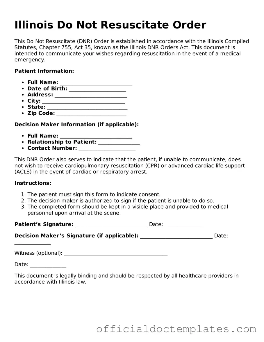 Free Do Not Resuscitate Order Form for the State of Illinois