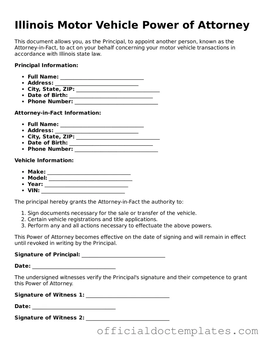 Free Motor Vehicle Power of Attorney Form for the State of Illinois