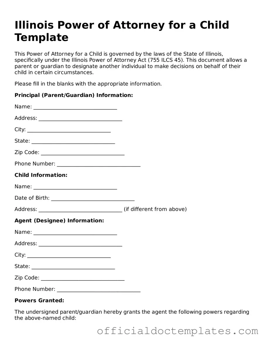 Free Power of Attorney for a Child Form for the State of Illinois