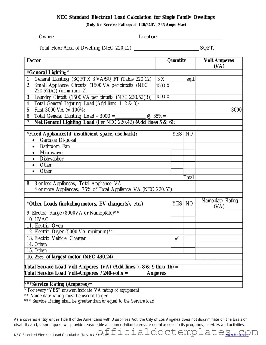 Fill Your LADBS NEC Standard Electrical Load Calculation Template
