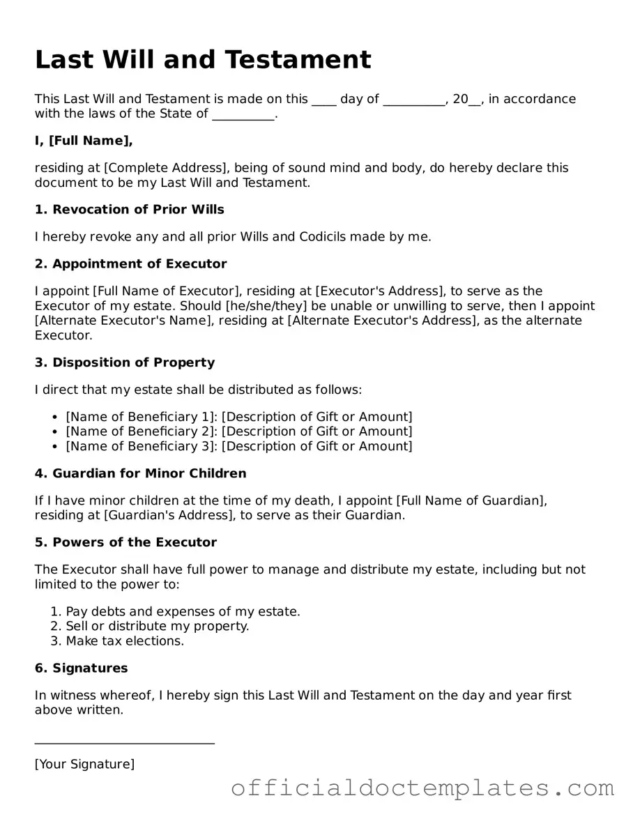 Fillable Last Will and Testament Template