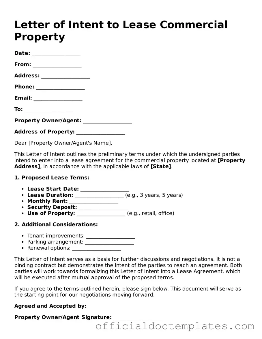 Fillable Letter of Intent to Lease Commercial Property Template