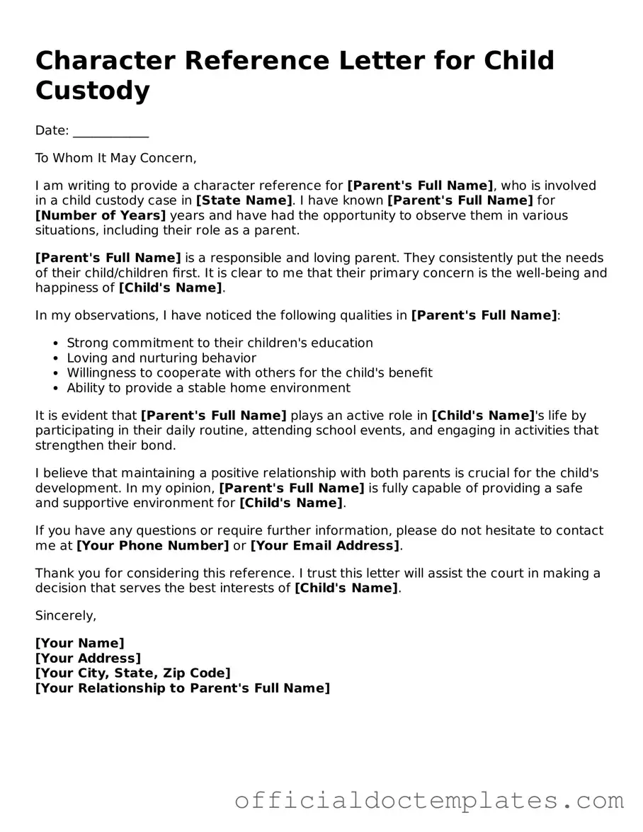 Fillable Character Reference Letter for Child Custody Template