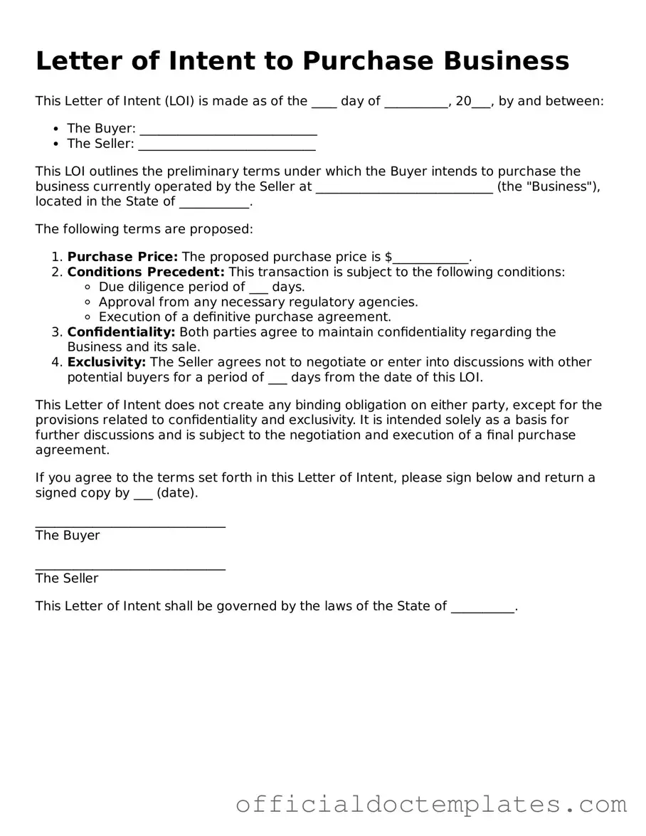 Fillable Letter of Intent to Purchase Business Template