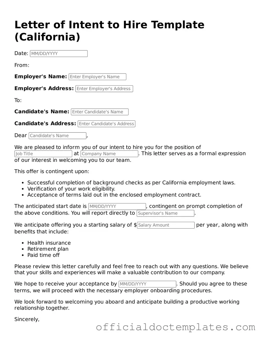 Fillable Letter of Intent to Hire Template