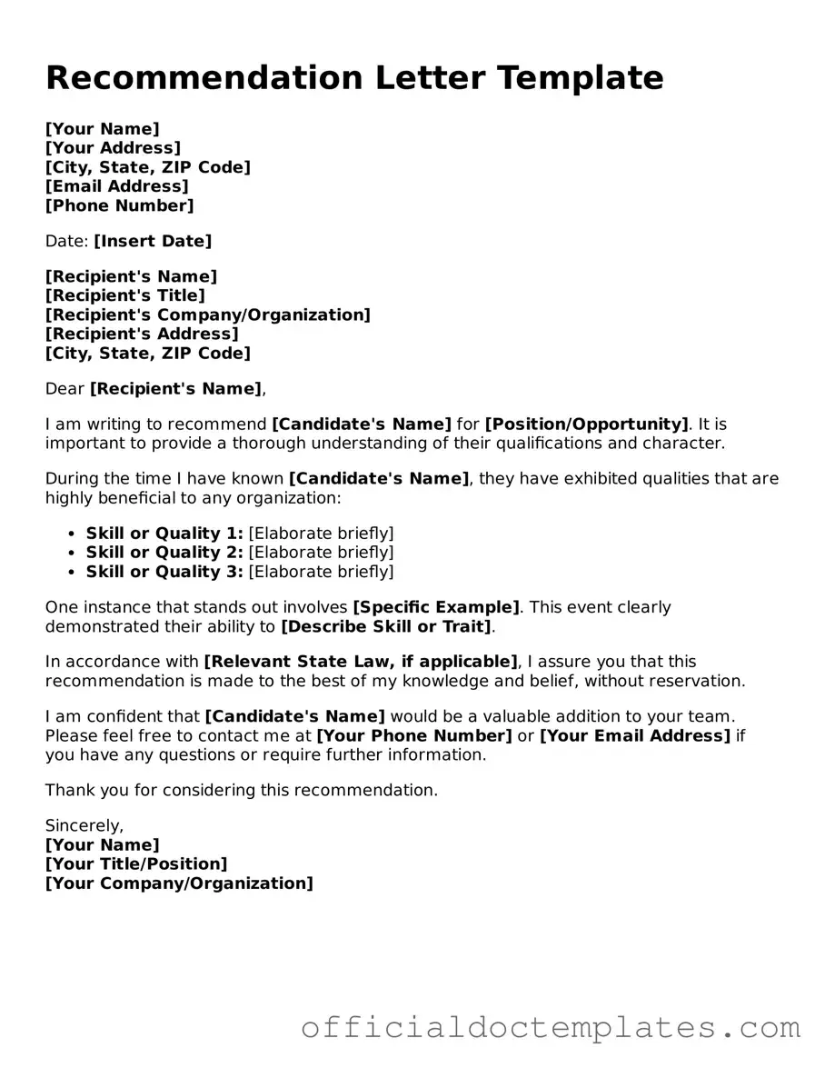 Fillable Recommendation Letter Template