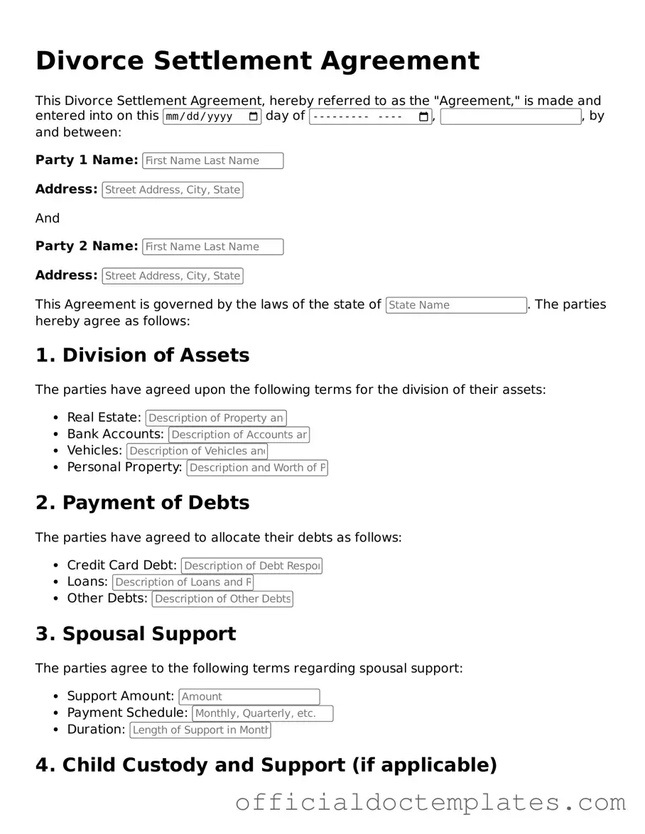 Fillable Divorce Settlement Agreement Template