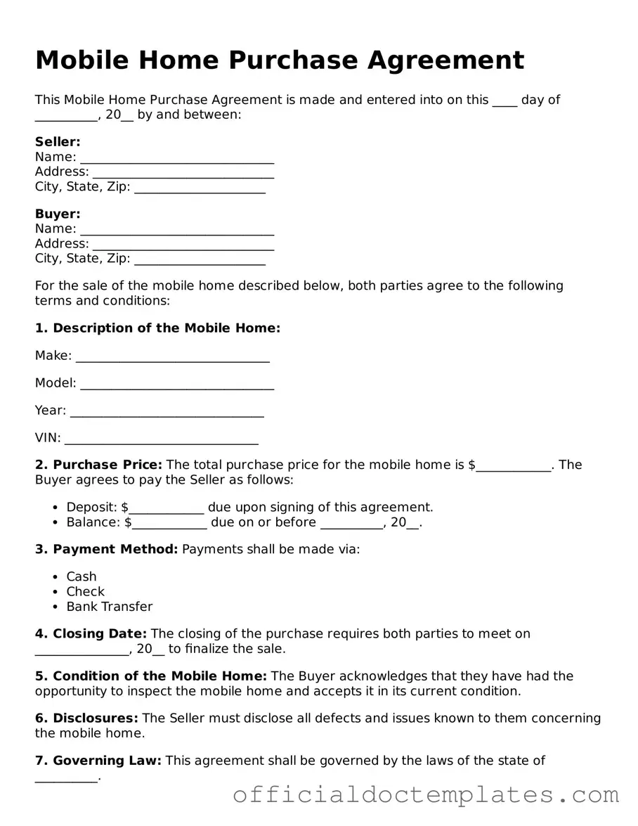 Fillable Mobile Home Purchase Agreement Template