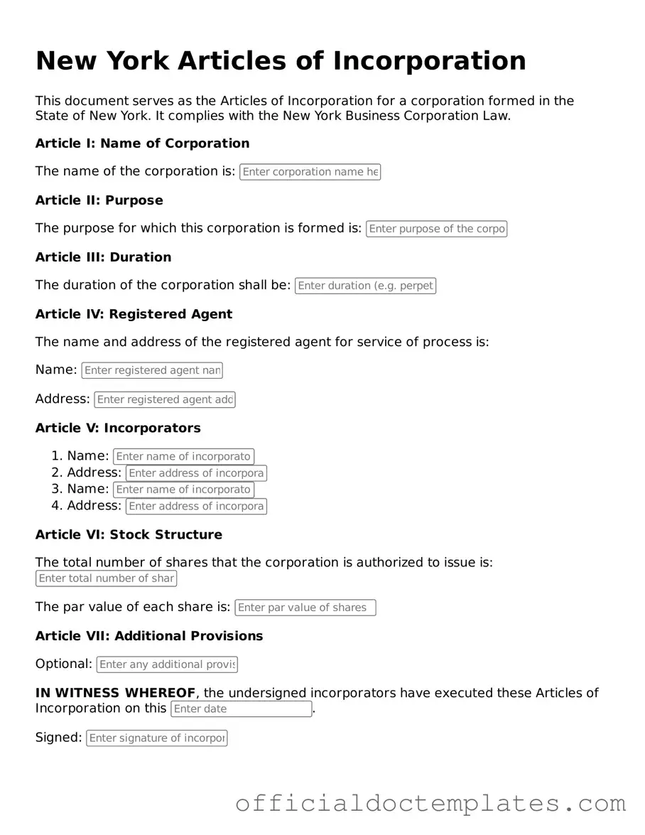 Free Articles of Incorporation Form for the State of New York