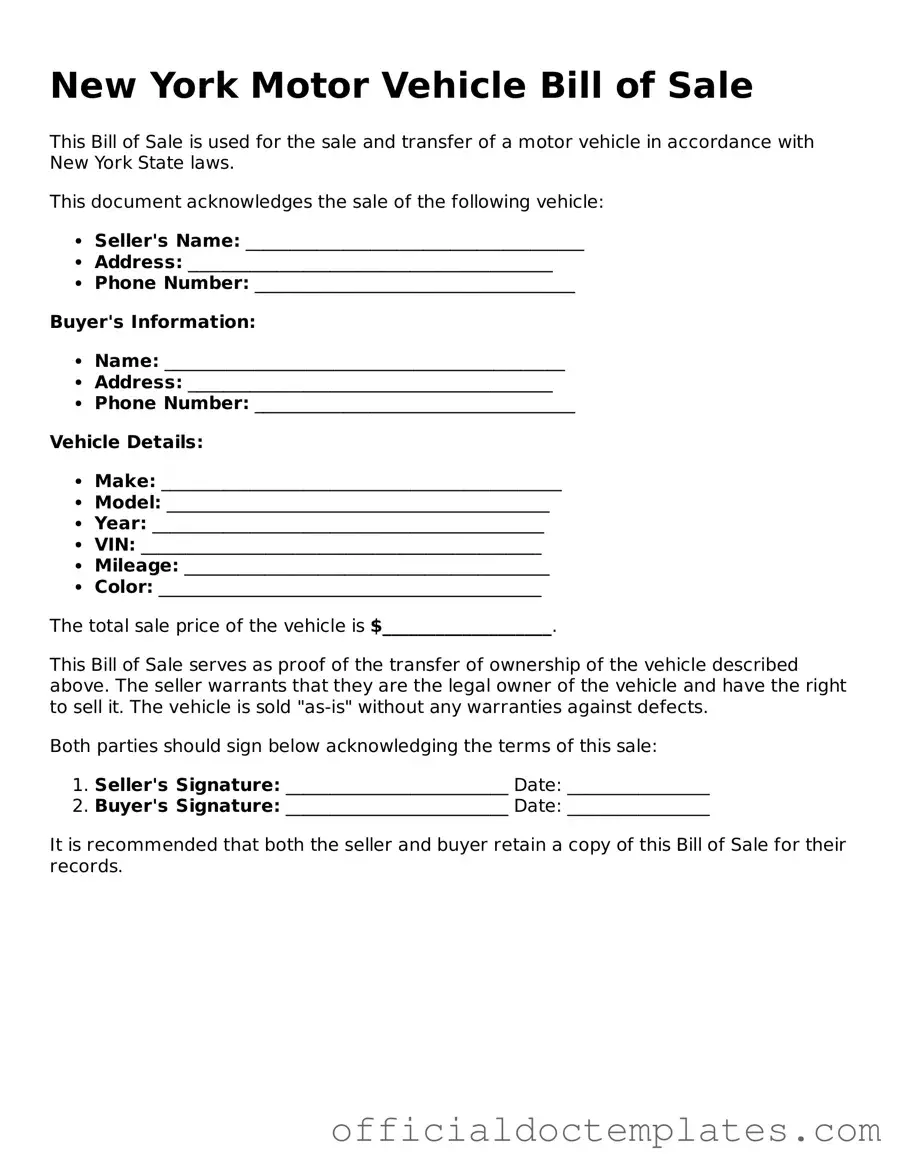 Free Motor Vehicle Bill of Sale Form for the State of New York