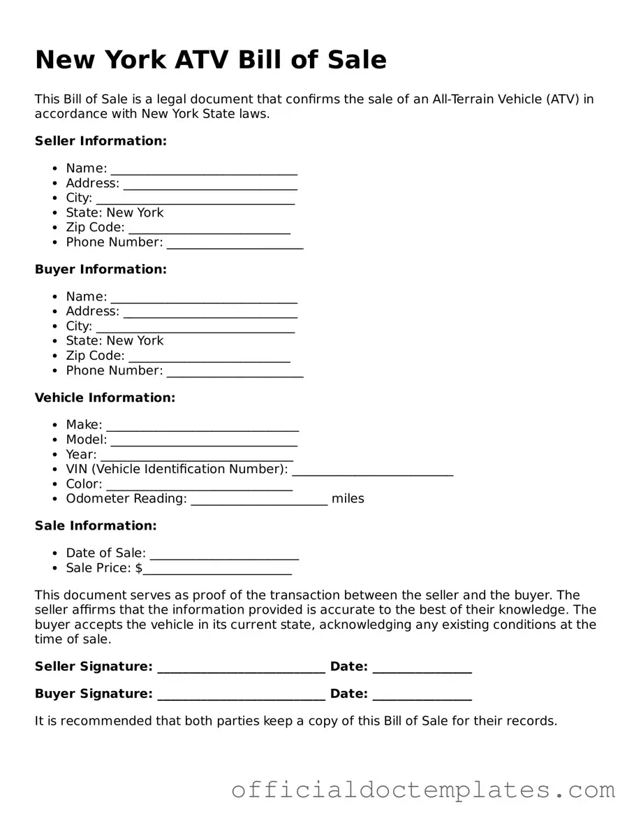 Free ATV Bill of Sale Form for the State of New York