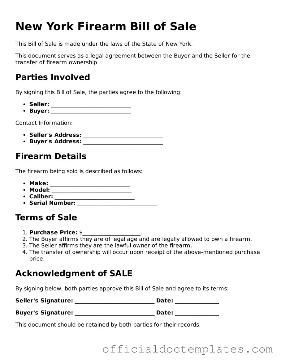 Free Firearm Bill of Sale Form for the State of New York
