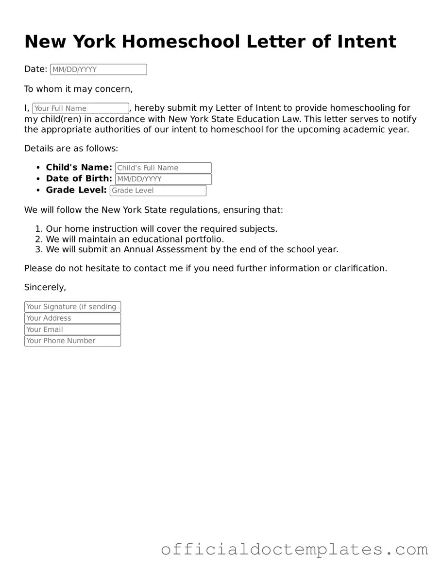 Free Homeschool Letter of Intent Form for the State of New York