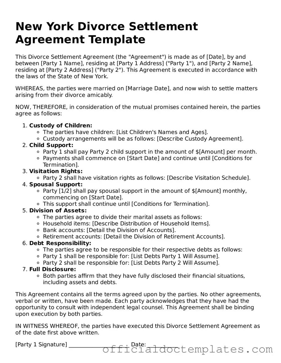 Free Divorce Settlement Agreement Form for the State of New York