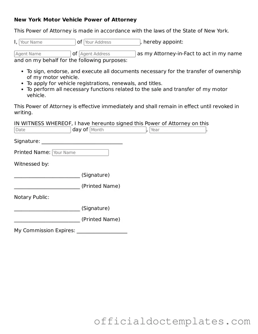 Free Motor Vehicle Power of Attorney Form for the State of New York