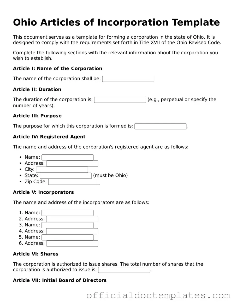 Free Articles of Incorporation Form for the State of Ohio