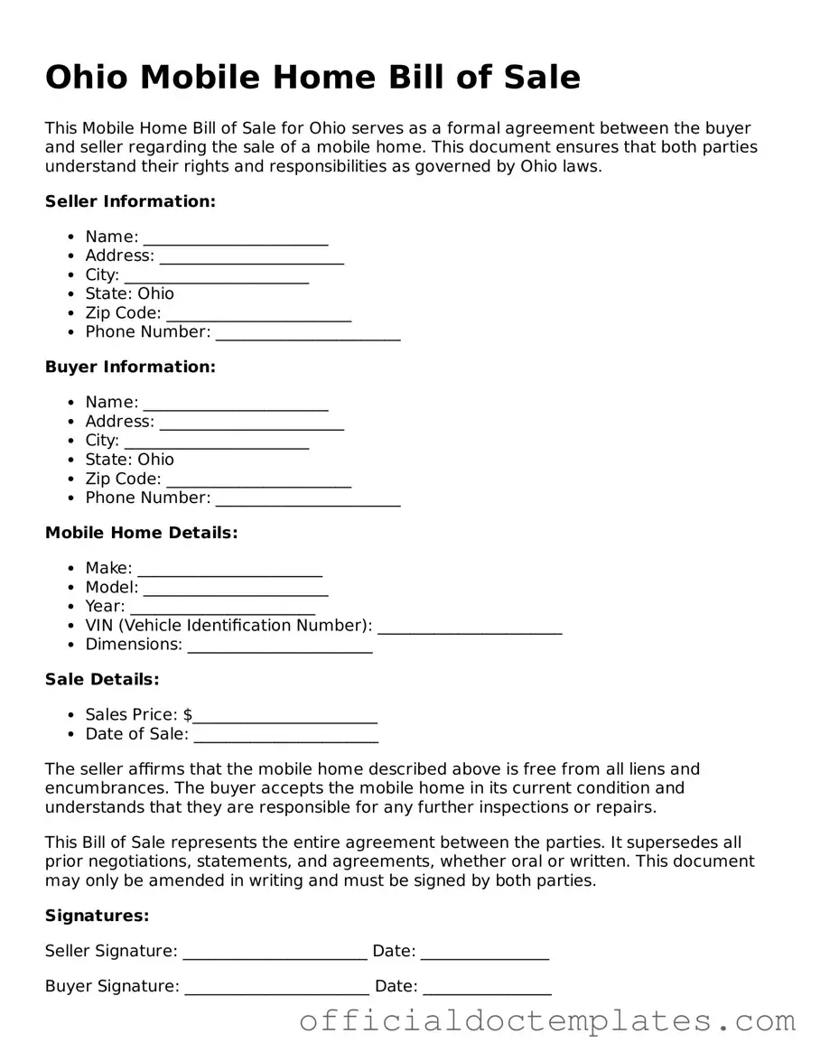 Free Mobile Home Bill of Sale Form for the State of Ohio