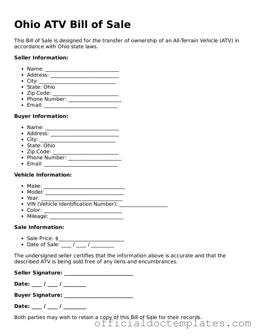 Free ATV Bill of Sale Form for the State of Ohio
