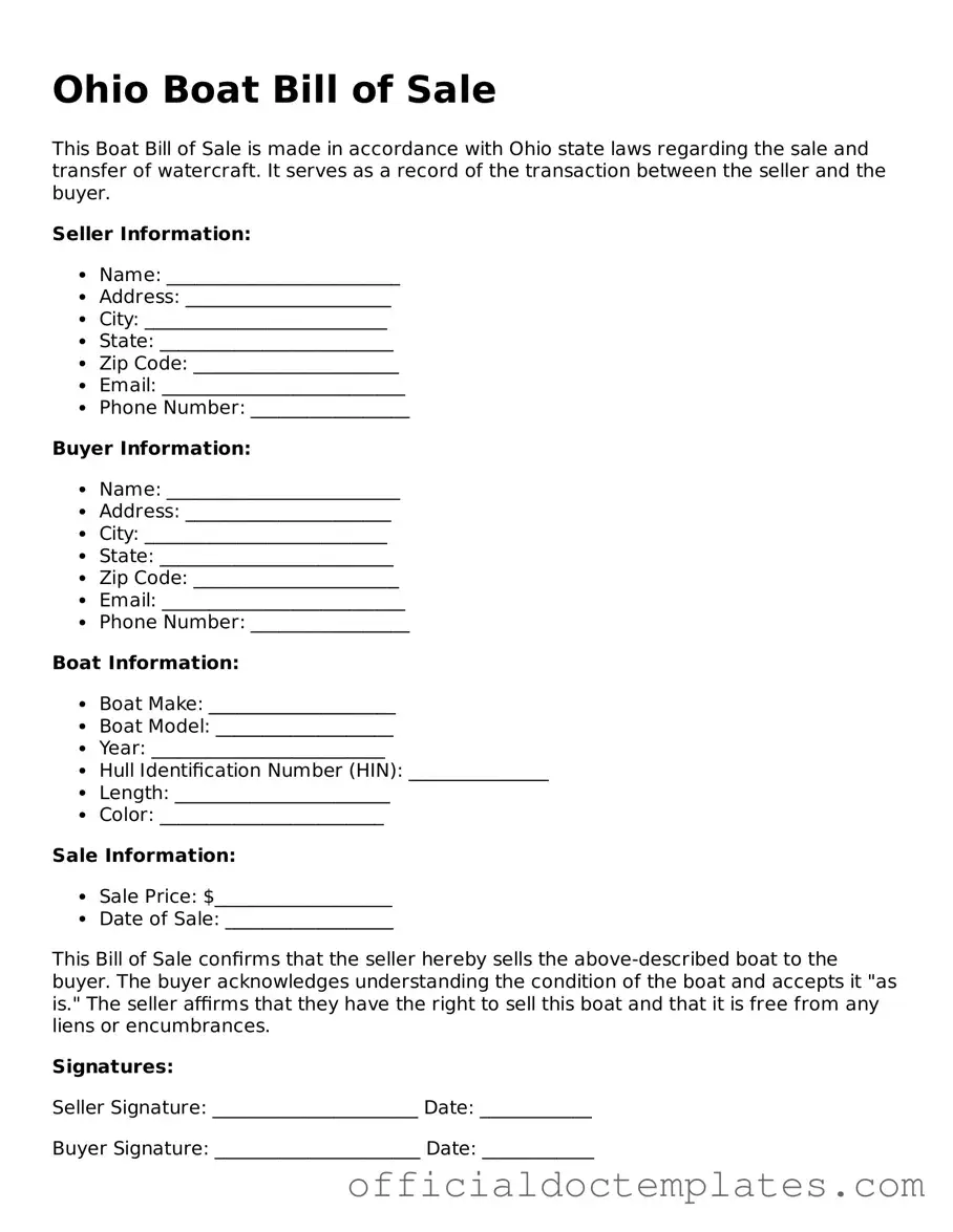 Free Boat Bill of Sale Form for the State of Ohio