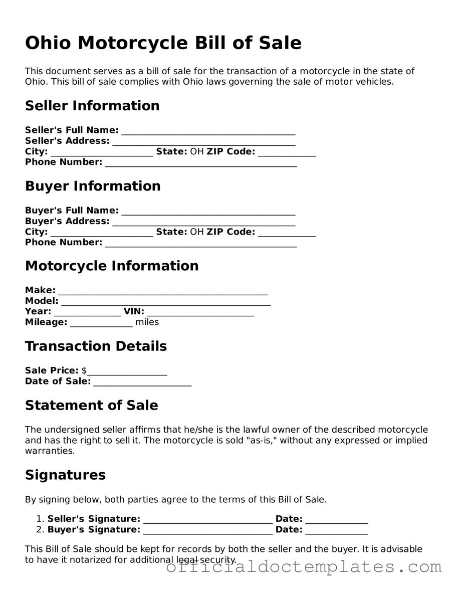 Free Motorcycle Bill of Sale Form for the State of Ohio