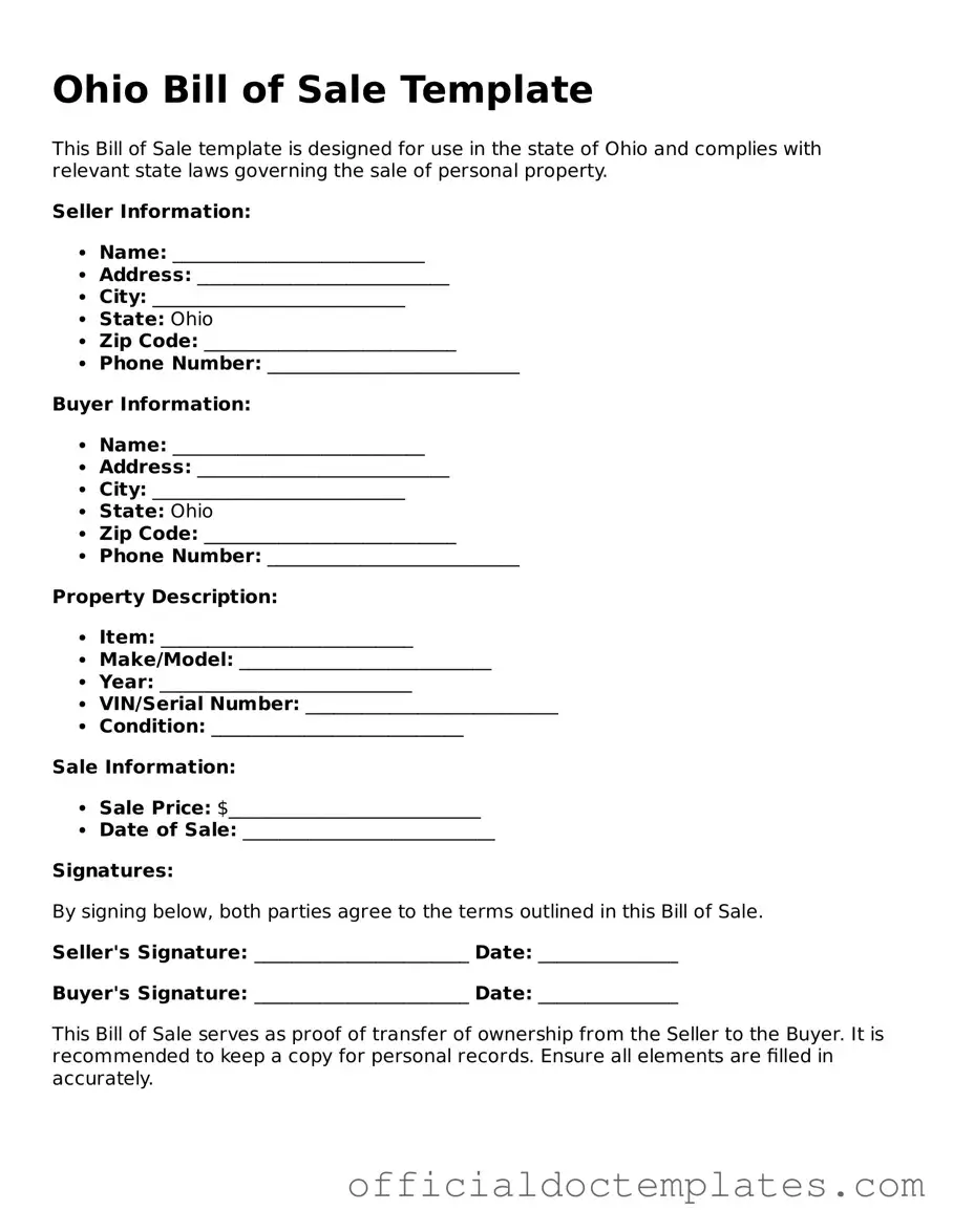 Free Bill of Sale Form for the State of Ohio