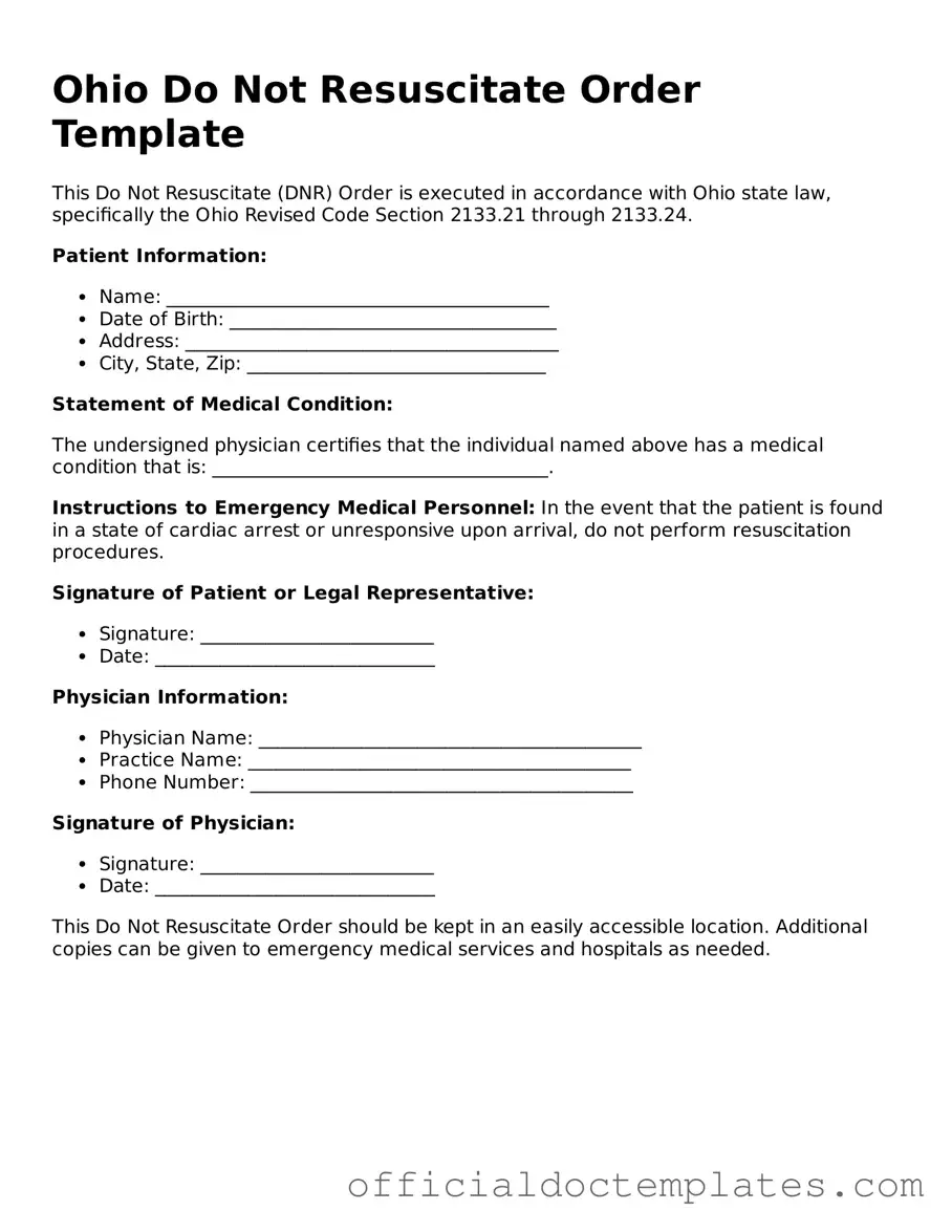 Free Do Not Resuscitate Order Form for the State of Ohio