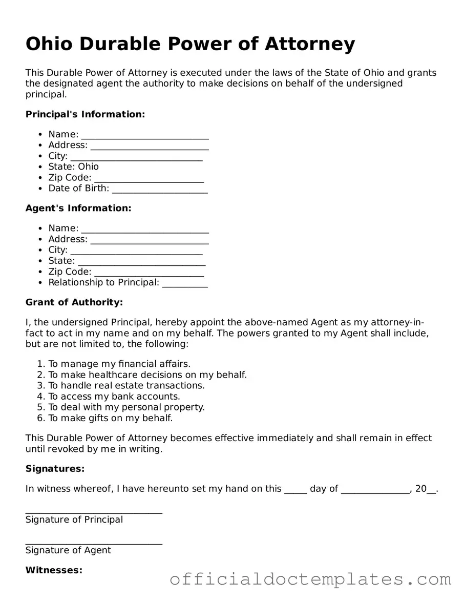 Free Durable Power of Attorney Form for the State of Ohio