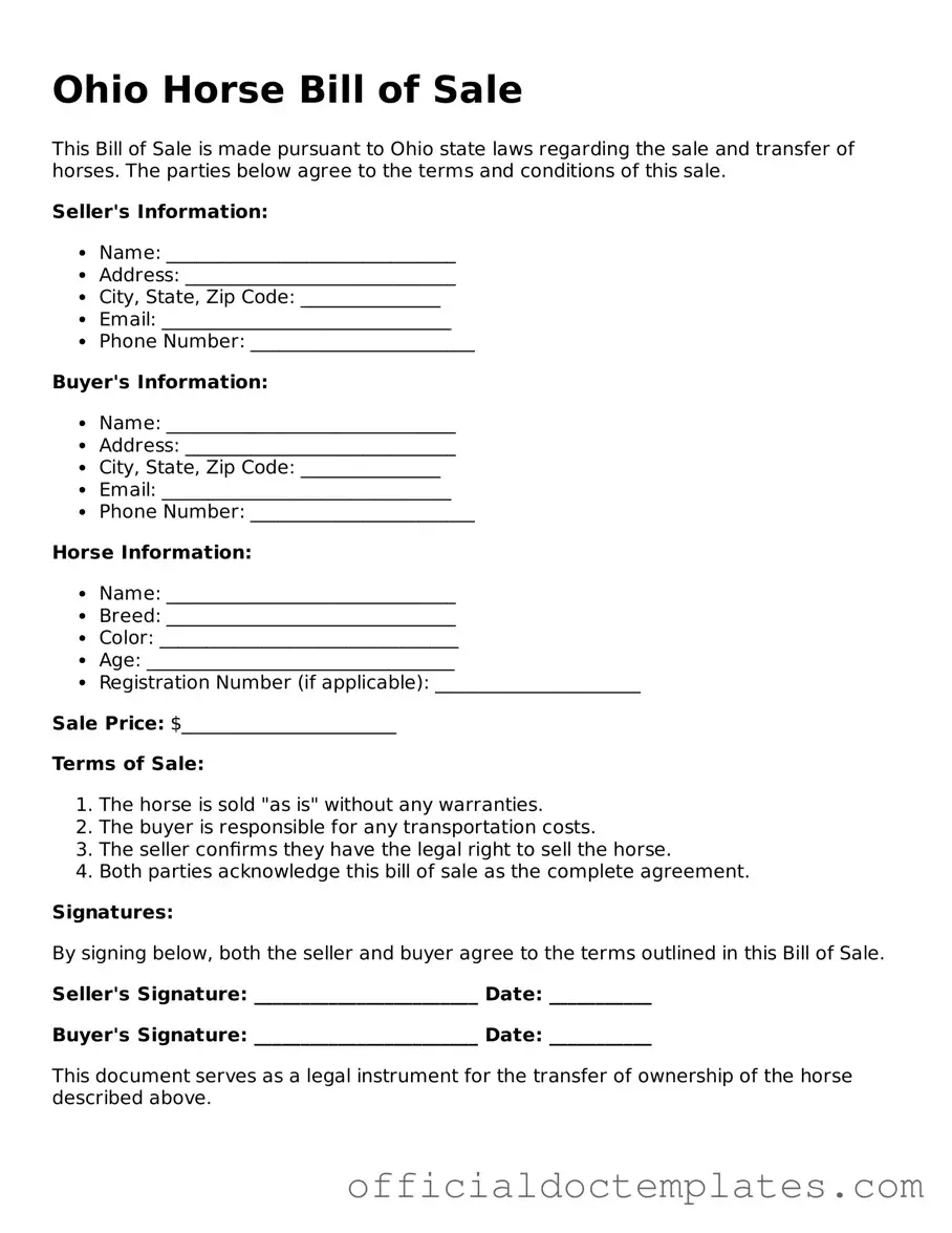 Free Horse Bill of Sale Form for the State of Ohio