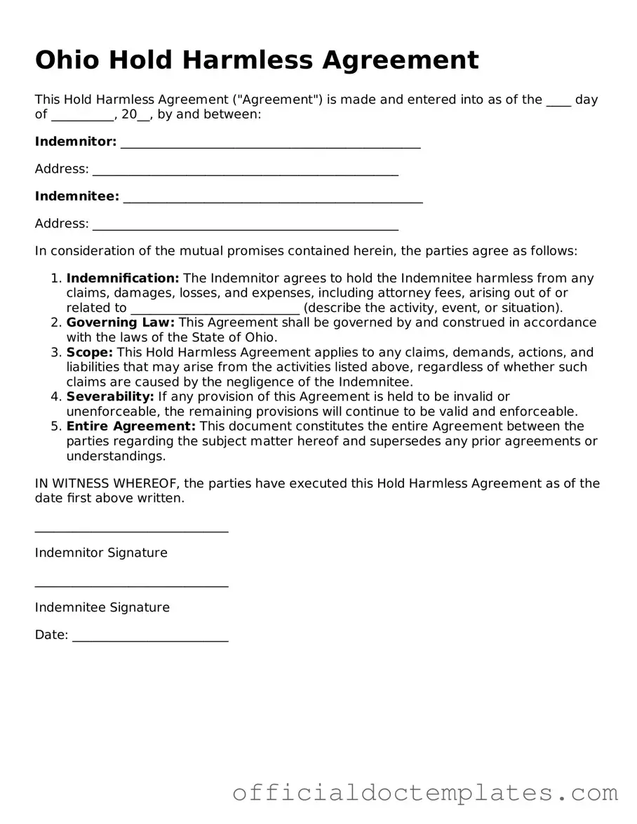 Free Hold Harmless Agreement Form for the State of Ohio