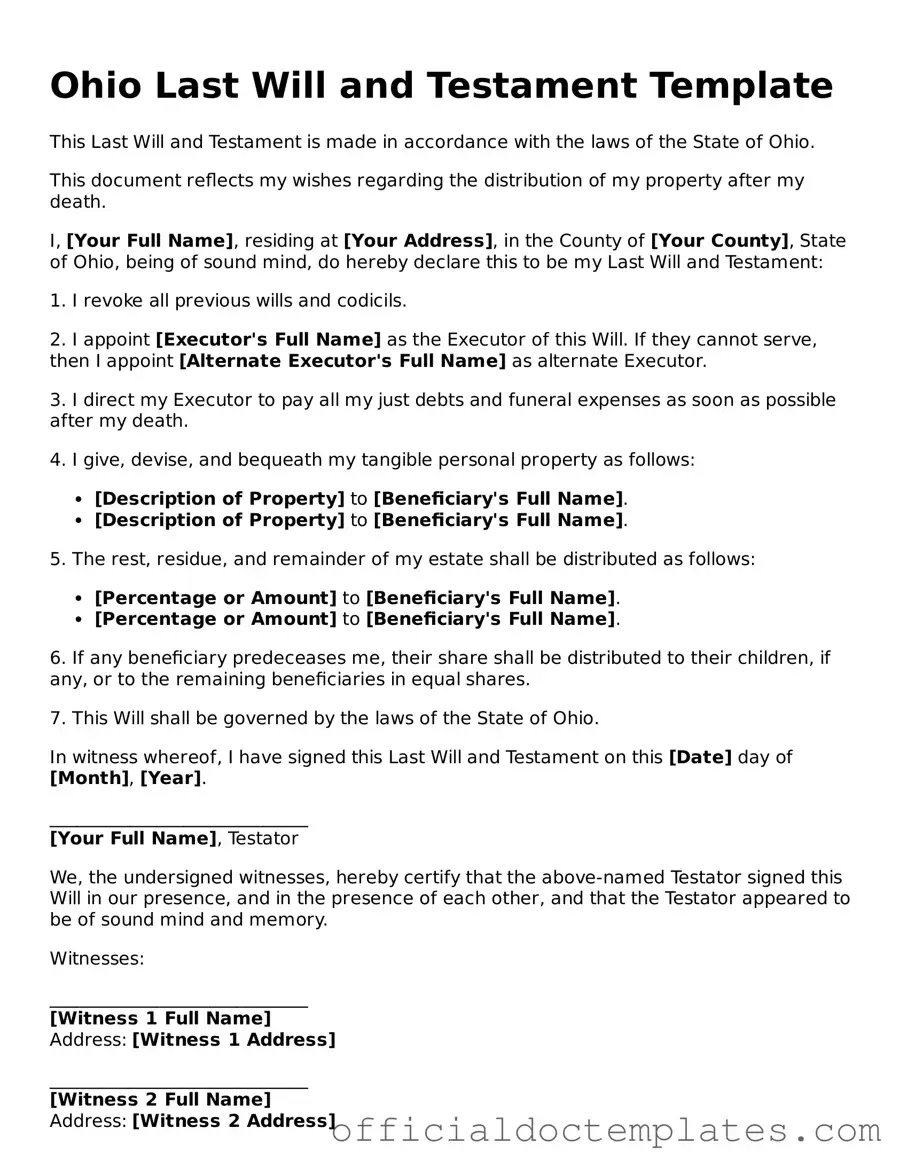 Free Last Will and Testament Form for the State of Ohio