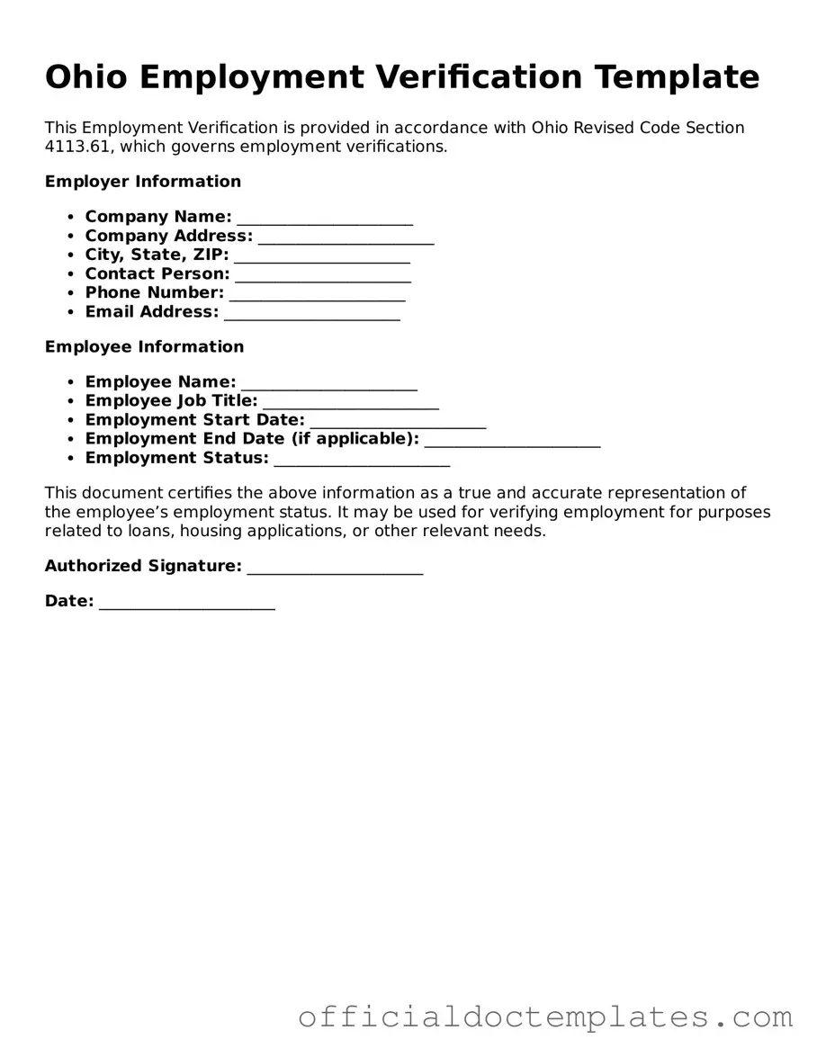 Free Employment Verification Form for the State of Ohio