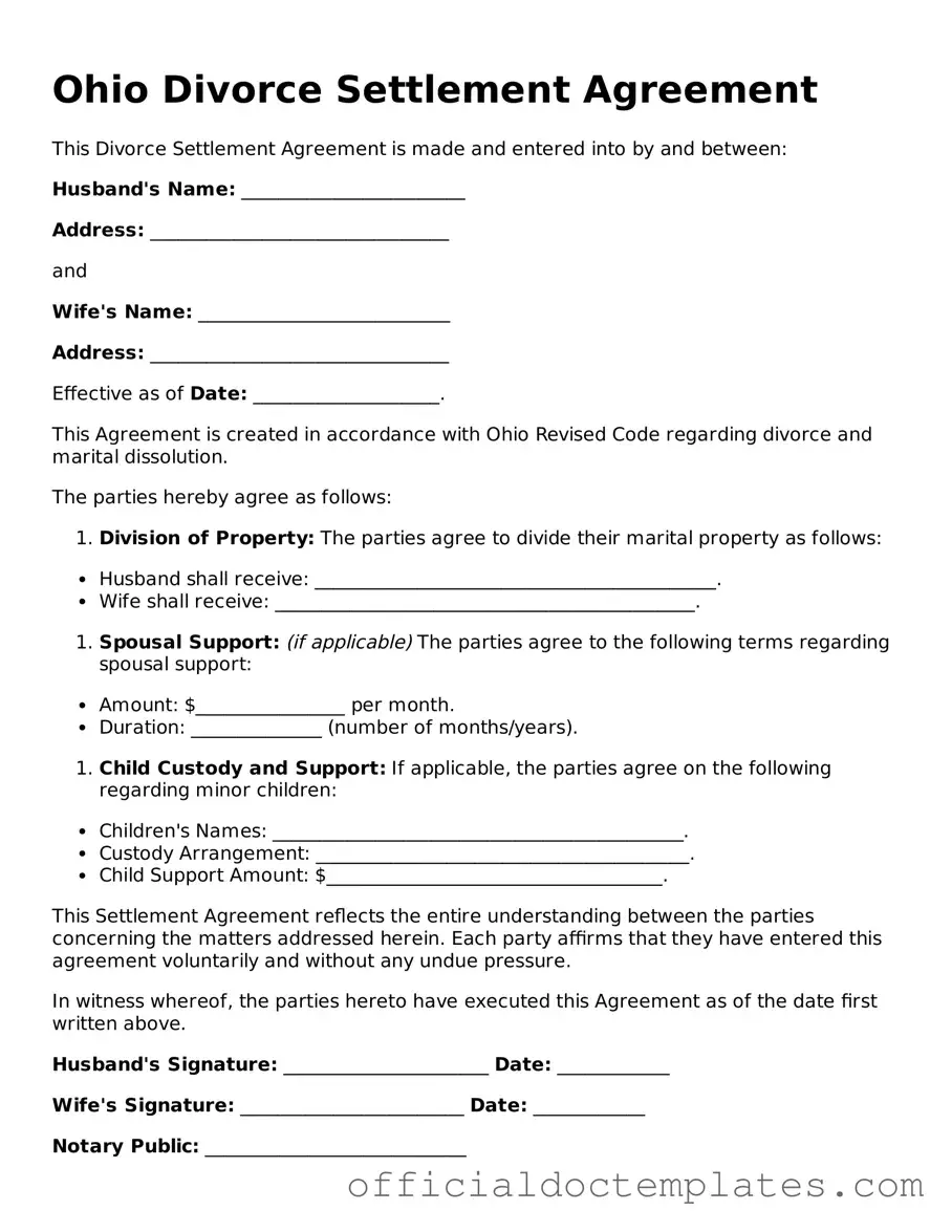 Free Divorce Settlement Agreement Form for the State of Ohio