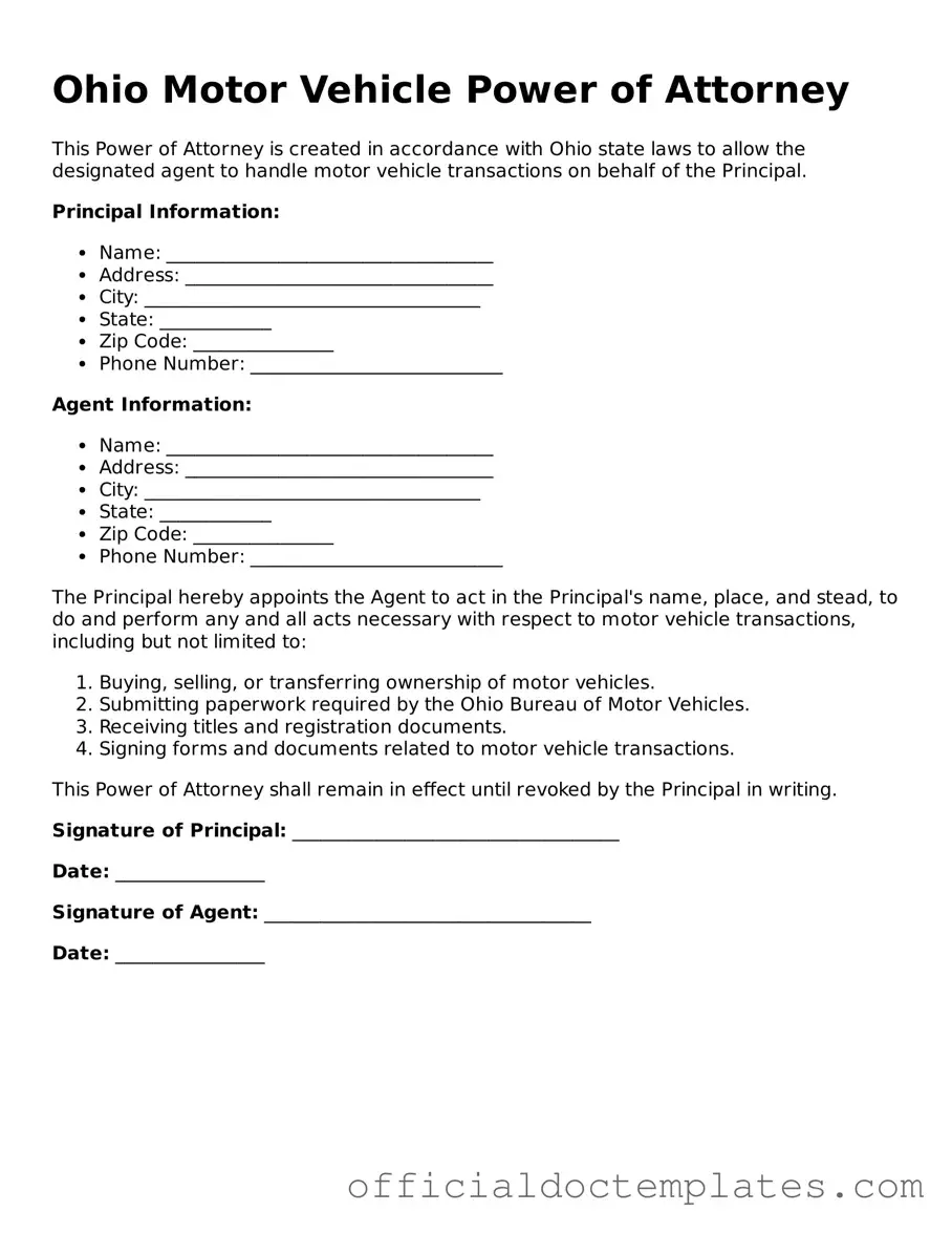 Free Motor Vehicle Power of Attorney Form for the State of Ohio