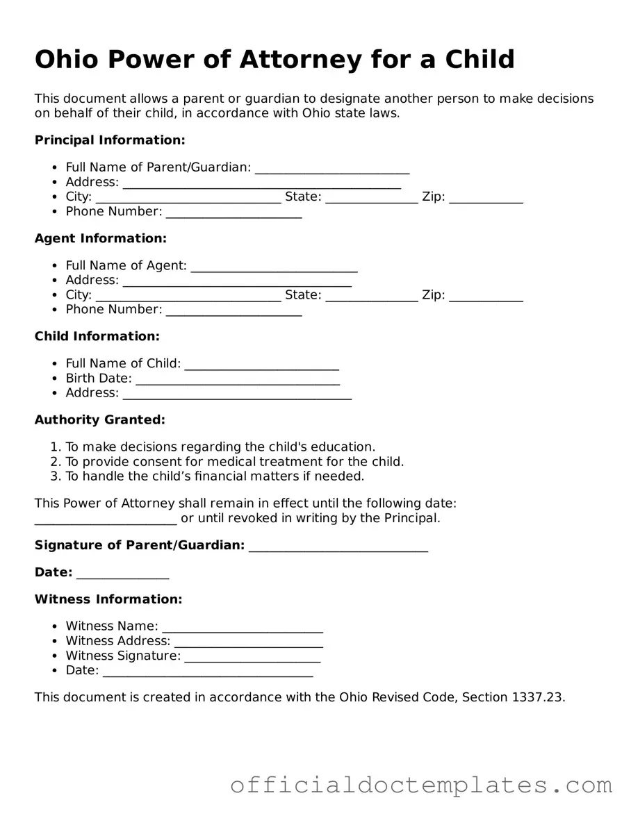 Free Power of Attorney for a Child Form for the State of Ohio