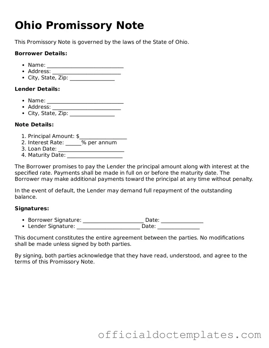 Free Promissory Note Form for the State of Ohio
