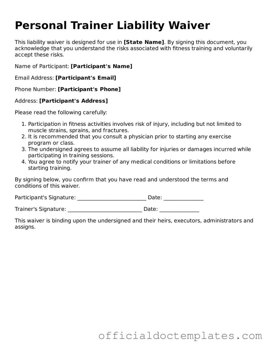 Fillable Personal Trainer Liability Waiver Template