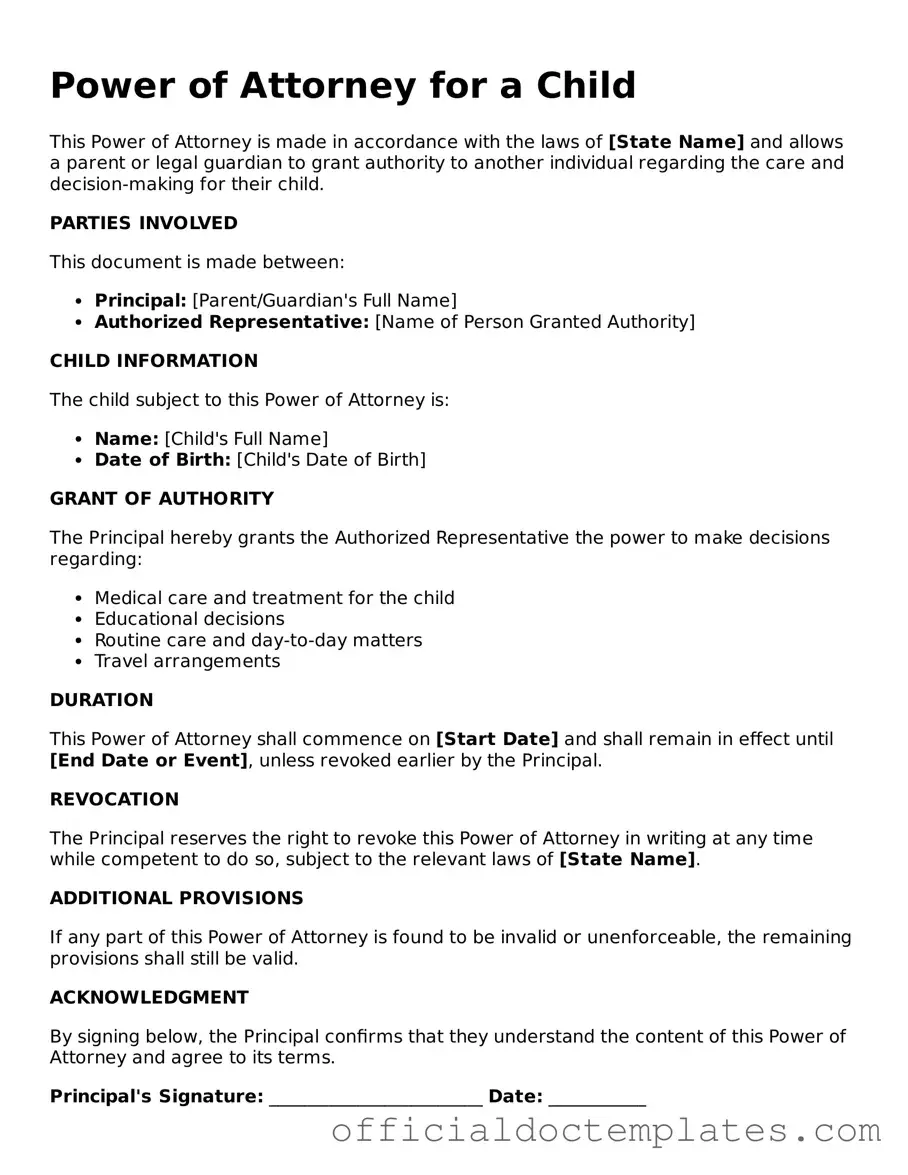 Fillable Power of Attorney for a Child Template